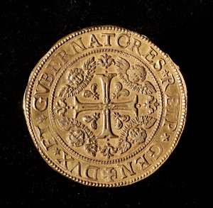 Currency of the Republic of Genoa: 20 gold doppie. Diameter 58 mm. 1645. Front. Genoa Musei di Strada Nuova by Italian School