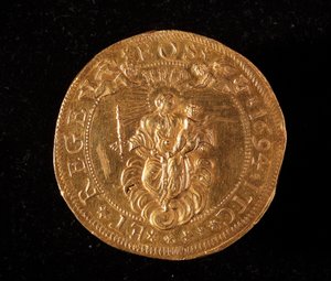 Currency of the Republic of Genoa: 25 gold doppie coin (1694) by Italian School