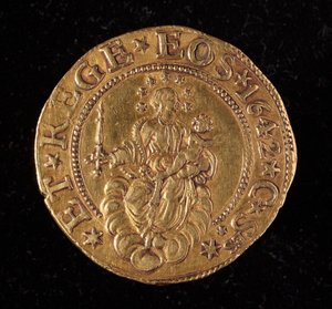 Currency of the Republic of Genoa: five gold doppie coin. 1642. (back) by Italian School
