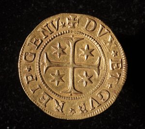 Currency of the Republic of Genoa: five gold doppie coin. 1652. (front) by Italian School