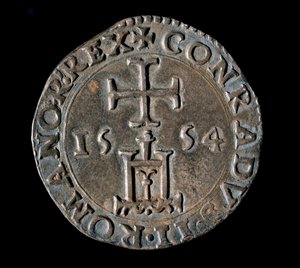Currency of the Republic of Genes: silver teston (or testone) of the Benediction. Front representing the Genoa portal under a cross. 1554 Genes, Musei di Strada Nuova by Italian School