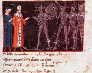 Dante and Virgil speak with Malacoda, leader of the Malebranche squadrons (song 21 from Hell, in the Divine Comedy) (miniature) by Italian School
