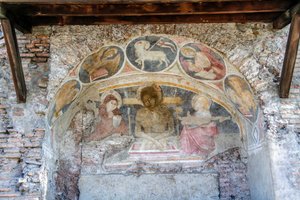 Deposition of Christ Between Virgin Mary, St John, with Evangelists Symbols and Agnus Dei on Arch