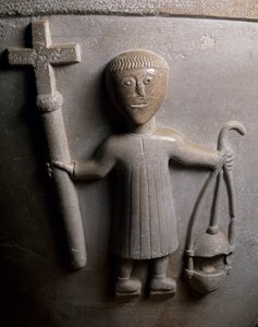 Figure of liturgical procession, detail from baptismal font decorated in relief, white limestone, Church of San Geminianus, Vicofertile, Emilia-Romagna, Italy