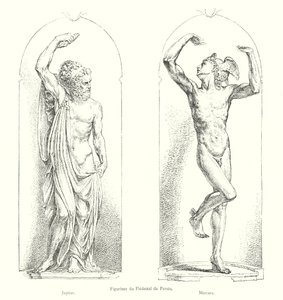 Figurines on the Pedestal of Perseus, Jupiter, Mercury (engraving) by Italian School