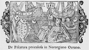 Fishing in the Norwegian Ocean (illustration from Historia de Gentibus Septentrionalibus by Olaus Magnus, published in Rome, 1555) by Italian School