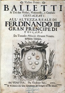 Frontispiece of musical score of Balletti a tre, opera III by Tomaso Albinoni (1671-1750) by Italian School