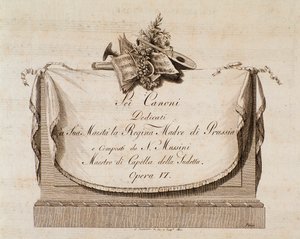 Frontispiece of musical score of Sei canoni dedicated to the Queen of Prussia by Italian School