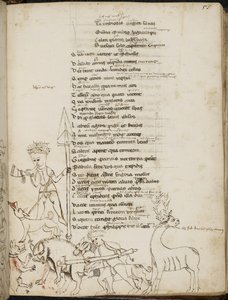 Harley 2453, f.55 A hunting scene with a boar, a stag, hunters, dogs and a hare (from 