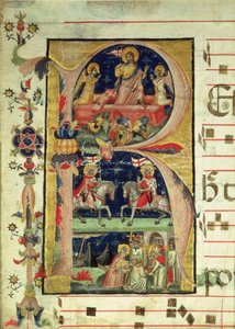 Historiated initial R depicting the resurrection, two knight saints and a bishop saint receiving relics by Italian School