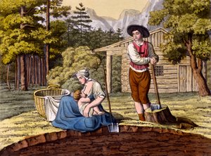 Inhabitants of the Austrian Alps making a homestead, from Costumi dei Romani, Svizzeri.. c.1800-18 by Italian School