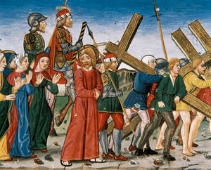 Jesus Leads to Calvary and the Holy Women on the Way. Manuscript of Cristobal de Predis (1440-1486)