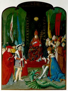 King Henry VIII in dispute with the Emperor Charles V before Pope Leo X. Henry holds a roll, which may be the bull of 1521 granting him the title 