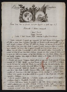 Letter in Italian, with a depiction of the head of Brutus the younger, a burning hand representing Gaius Mucius Scaevola, and the motto of the French Revolution by Italian School