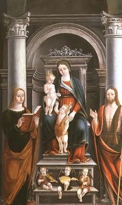 Madonna and Child receiving a rose from the Infant St. John the Baptist, with saints and angels by M.B. by Italian School