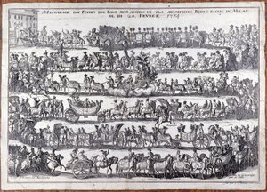 Masquerade: Procession and Dance of People in Masks on the Occasion of Carnival. Milan 20/02/1764. 18th Century Engraving by Italian School