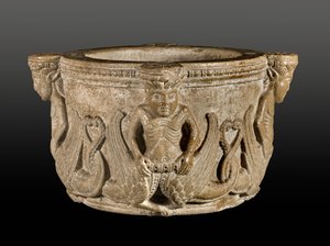 Medieval Stouch with Mermaids Figures in Carved Stone, Early 12th century by Italian School