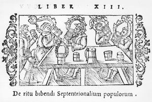 Men Drinking (illustration from Historia de Gentibus Septentrionalibus by Olaus Magnus, published in Rome, 1555)