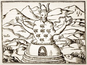 Moloch, copy of an illustration from Oedipus Aegyptiacus by Athanasius Kirchner, Rome 1652, used in a History of Magic, published late 19th century by Italian School