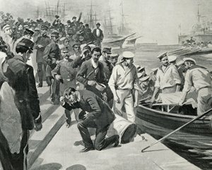 Mutiny of the Russian battleship Potemkin landing at Constanta, Illustration from L