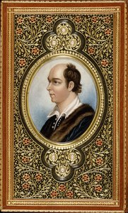 Oval miniature portrait of Oliver Goldsmith, framed with gilt trefoils set with three pearls by Italian School