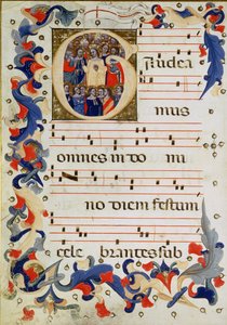 Page of musical notation with a historiated initial G depicting a group of saints with St. Ursula in the middle, Bolognese School