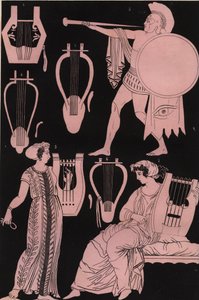 Pipes, lyres and other musical instruments in ancient Greece - Ancient Greek musical instrument - engraving from 