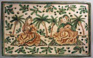 Plate with musicians in palm grove, decoration inspired by period of Frederick II, decorative ceramic, Alessi manufacture, Caltagirone, Sicily, Italy, 20th century by Italian School