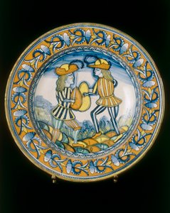 Plate with two soldiers combating with swords, Deruta manufacture