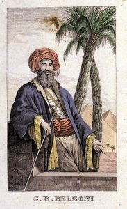 Portrait of Giovanni Battista (Gianbattista) Belzoni (1778-1823), Italian explorer and archeologist, who made important archeological discoveries in Egypt. Engraving - in “Viaggio in Egitto e in Nubia” by Belzoni, Milan