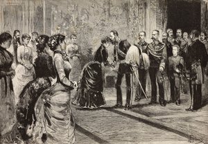 Queen Margherita and Umberto I receiving crown prince of Germany (future Frederick III) at Quirinale, Rome, Italy, engraving from drawing by Dante Paolocci, from L