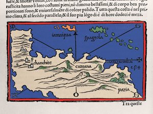 Representation of the Caribbean Islands and the coasts of Venezuela. Isolario (map of islands) by Benedetto Bordone. Venice 1547 by Italian School