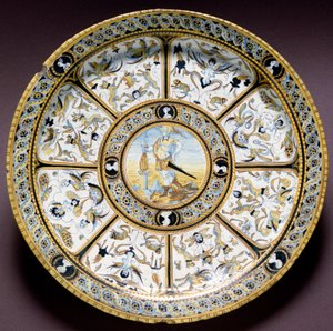 Representation of the Roman hero Scaevola (Muzio Scevola). Ceramic plate produced in Urbino, Italy. Circa 1590. National Museum of Bargello, Florence, Italy