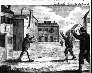 Scene 10 of Act I of the comic piece “Le baruffe chiozzotte” (Baroufe a Chioggia) (1762) by Carlo Goldoni (1707-1793). Engraving of the 18th century by Italian School