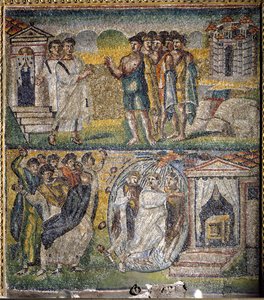 Scenes from the The Life of Moses: the return of the twelve spies sent by Moses to the promised land, Attempted stoning of Moses