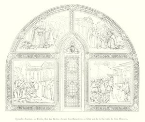 Spinello Aretino, Totila, King of the Goths, before Saint Benedict, East Side of the Sacristy of San Miniato (engraving) by Italian School