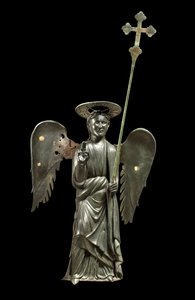St. Gabriel Archangel holding a processional cross, 12th century bronze statue, Cross of 1369 by Italian School