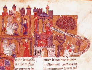 The Greek philosopher Aristotle (383-322 BC) teaches his students morality and contempt for women (misogyny). Miniature from an Italian manuscript of the 14th century by Italian School