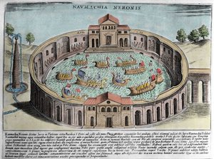 The Naumachia of Neron, representation of a naval battle in Rome. Engraving (17th century).