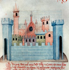 The city of Cherasco in the province of Coni in Piemont in Italy. Church and wall and fortification tower of the medieval city. Page of Codex Astensis or Malabayla. 13th century miniature. Asti, Archivio Storico Comunale by Italian School