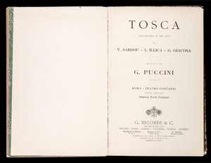 Title page, Libretto of Tosca by Giacomo Puccini, Edizione Ricordi, Italy