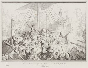 Tommaso Morosini Defends Himself with His Only Vessel Against the Turkish Fleet by Italian School