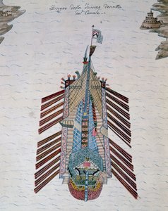 Trireme (ship with three banks of oars), from On maritime militia treatise, by Cristoforo Canal, Italy