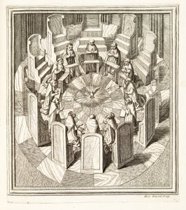 Twelve Judges of the Rota praying in a circular hall surrounding the Holy Spirit, pub. 1717 by Italian School