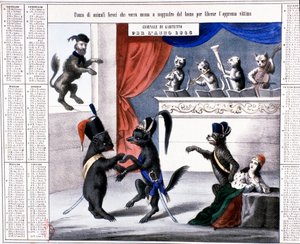 Unity of Italy: allegorical calendar of the year 1865: cartoon depicting the lion Giuseppe Garibaldi apprehending to jump on the French mouse and the Austrian fox to liberate Italy. The musicians are cats. Epoque print. Private Collection by Italian School