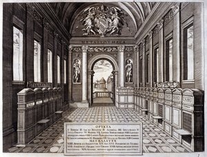 View of the museum of Michele Mercati, steward of the Vatican Botanical Gardens. Engraving from 