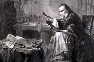 Violin-maker in his workshop