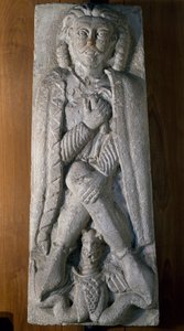 Warrior squatting with dragon, stone bas-relief