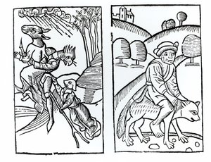 Witches disguised as animals riding a broomstick and male witch riding a wolf, copies of illustrations from Compendium Maleticarum by Fr M Guaccius, used in History of Magic by Italian School