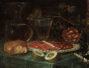 Still Life with Bread, Glass Carafe, Wine Glass, Plate with Ham and Sausage, Lemon, and Pearl-handled Knife by Italo flämischer Maler des 17. Jahrhunderts
